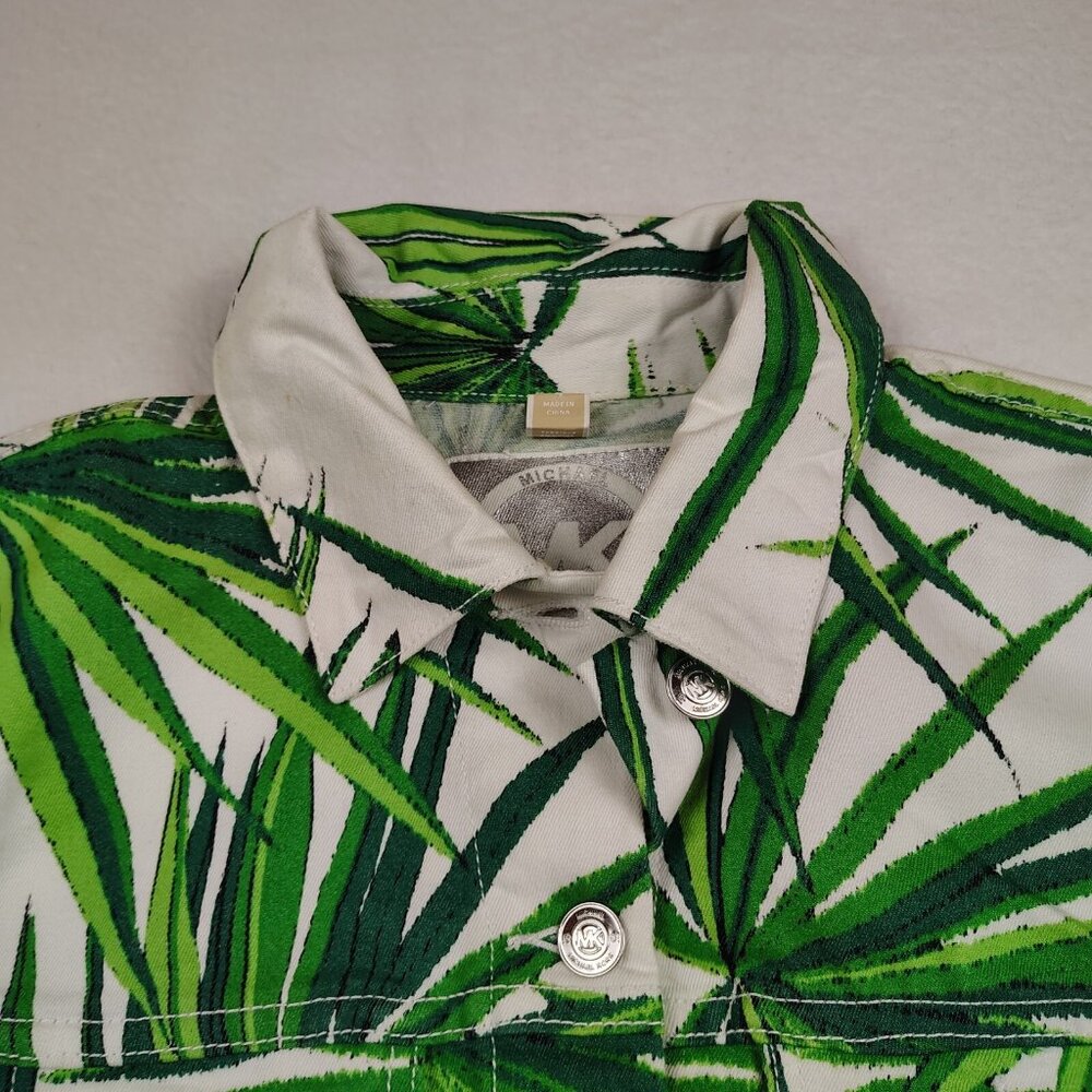 Michael Kors Denim Jacket Womens 4 White Green Palm Leaf Print - Picture 7 of 12